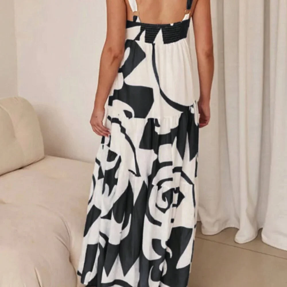 Black Casual Women's Holiday Random Printed Swing Maxi Cami Dress - Picture 2 of 4